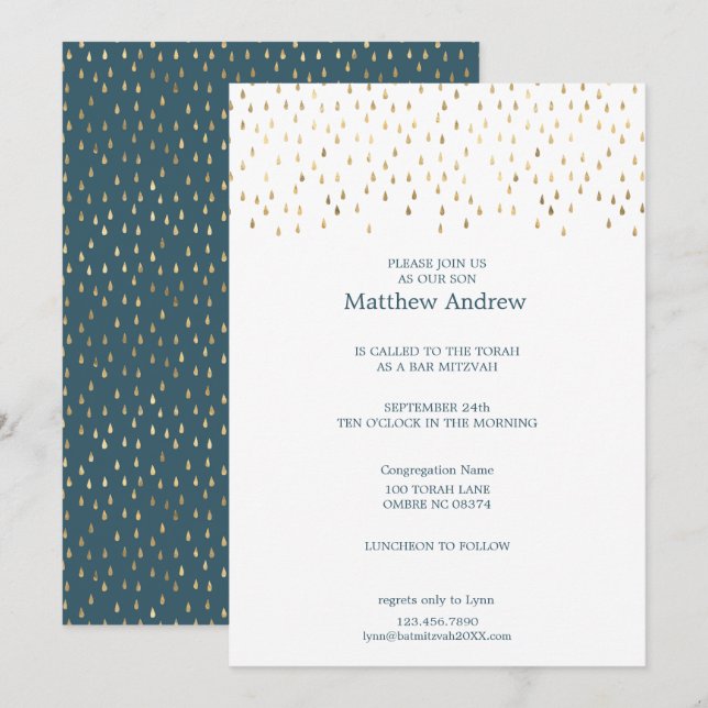 Invitación Elegantes gotas de lluvia Verde azulada y dorada e (Anverso / Reverso)