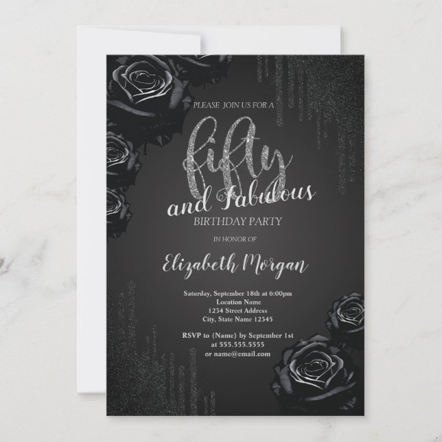 Invitación Elegantes gotas negras y rosas negras para 50 cump (Anverso)