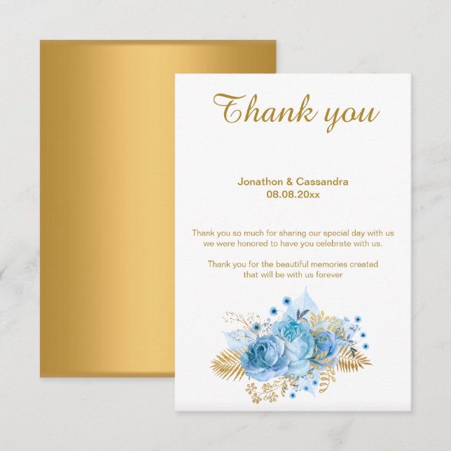 INVITACIÓN ELEGANTES GRACIAS SIMPLES CON FLORES AZULES Y REVÉ (Anverso / Reverso)