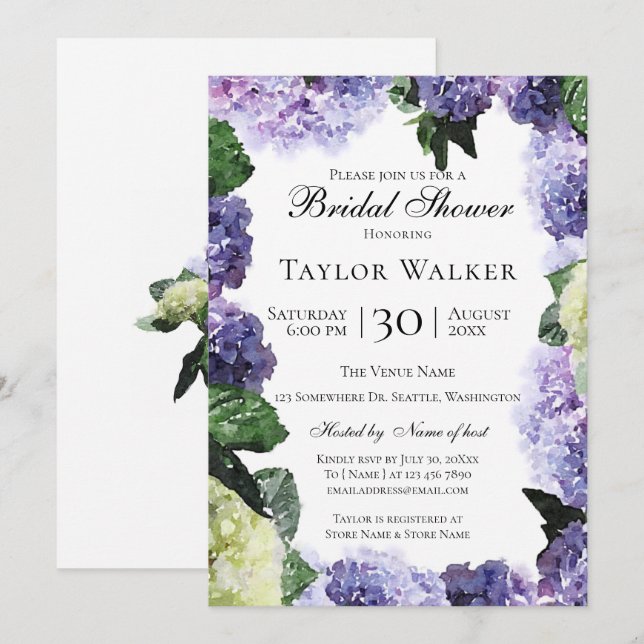 Invitación Elegantes hidraneas acuáticas en morado y lavanda (Anverso / Reverso)