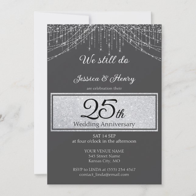 Invitación Elegantes hilos plateados 25 años de boda (Anverso)