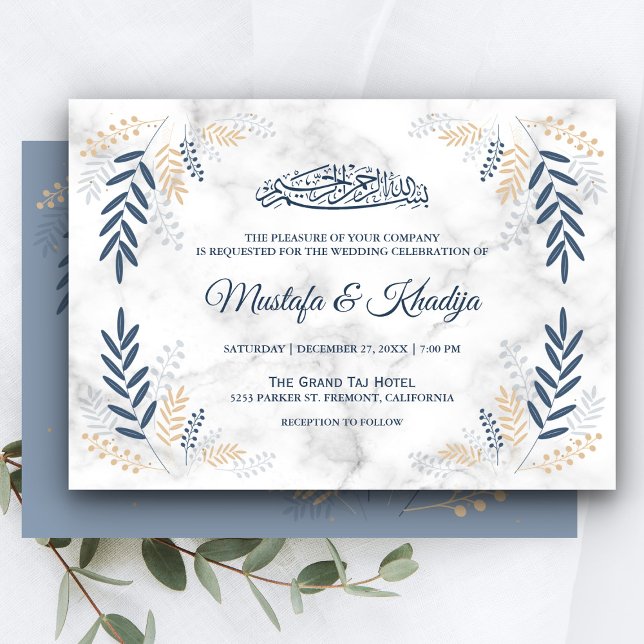 Invitación Elegantes hojas azules marcan al Boda musulmán isl (Subido por el creador)