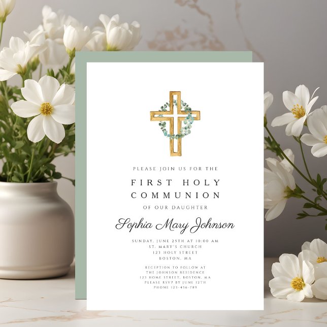 Invitación Elegantes hojas botánicas cruzan primera comunión (Elegant Botanical Leaves Cross First Communion Invitation)