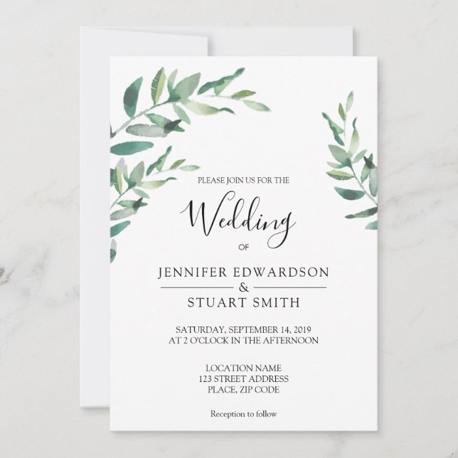 Invitación Elegantes hojas de acuarela botánica Boda (Anverso)