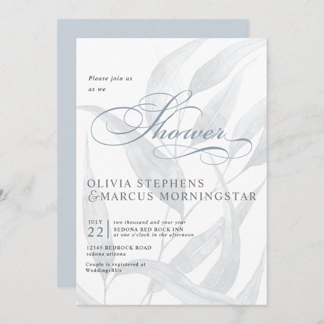 Invitación Elegantes hojas de eucalipto azul turbio y pálido (Anverso / Reverso)