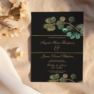 Invitación Elegantes hojas de eucalipto verde dorado negro bo