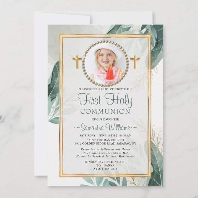 Invitación Elegantes hojas de oro foto primera comunión (Anverso)
