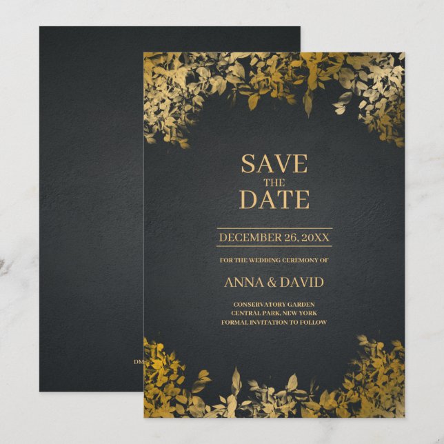 Invitación Elegantes hojas de oro, negro salva al Boda de fec (Anverso / Reverso)
