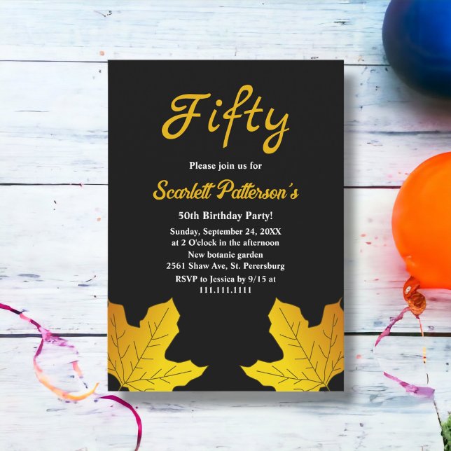 Invitación Elegantes hojas de oro y negro caen por 50 años (Subido por el creador)