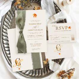 Invitación Elegantes Hojas de Otoño Cinta Rústica Boda de Oto