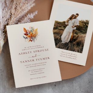 Invitación Elegantes Hojas de Otoño Código QR Foto Boda