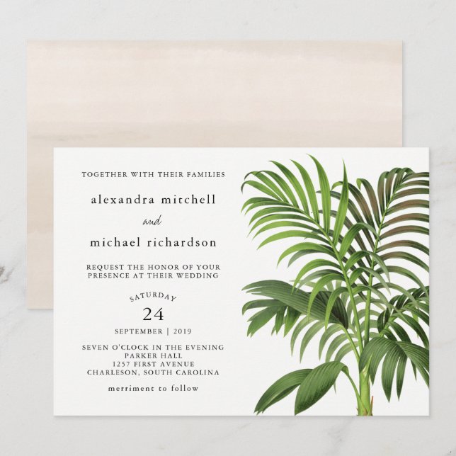 Invitación Elegantes hojas de palma de época | BODA (Anverso / Reverso)