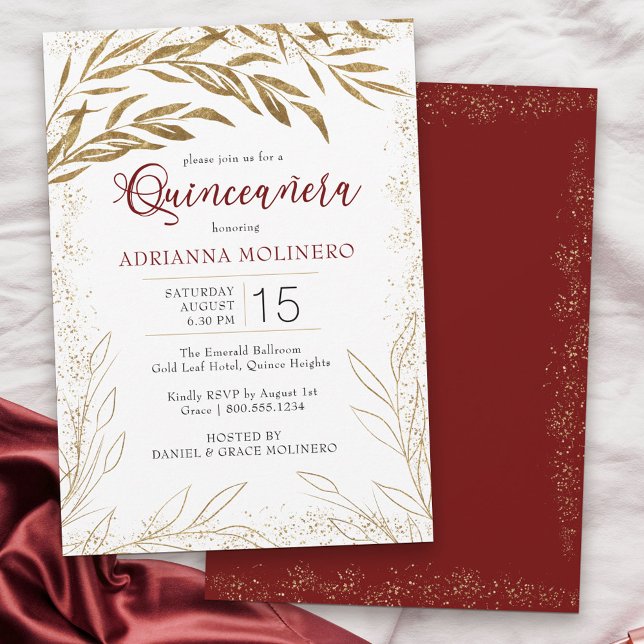 Invitación Elegantes hojas de quinceañera rojas y doradas (Modern Quinceanera invitation in white, red and gold from my Gold Leaf Collection
)