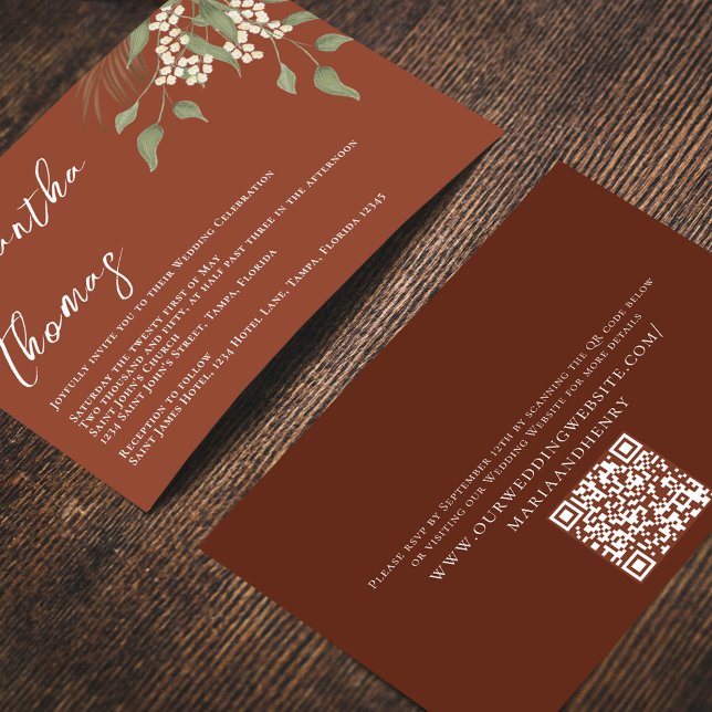 Invitación Elegantes hojas de vegetación de Terracota (Terracotta elegant wedding invitation with a QR code for easy wedding details sharing. )