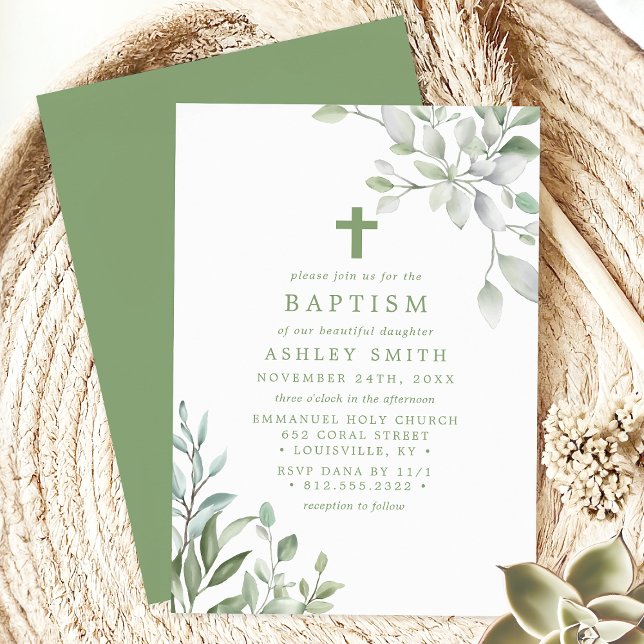 Invitación Elegantes hojas de vegetación y bautismo cruzado (Subido por el creador)