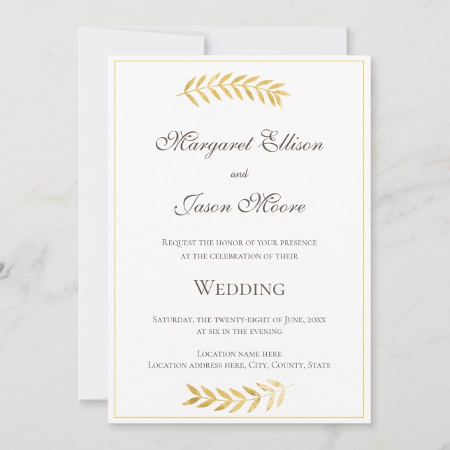 Invitación Elegantes hojas doradas Boda de oro y marrón (Anverso)