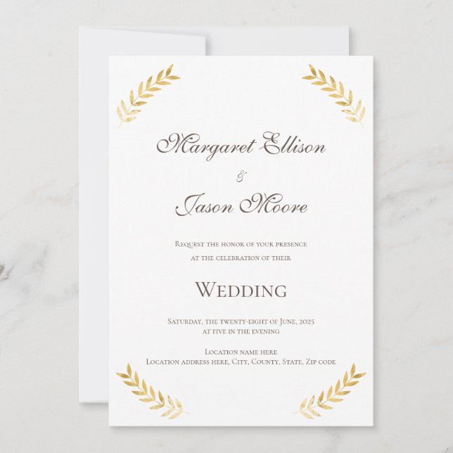 Invitación Elegantes hojas doradas Boda de oro y marrón (Anverso)
