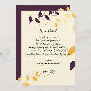 Invitación Elegantes hojas doradas púrpura serán mi dama de h