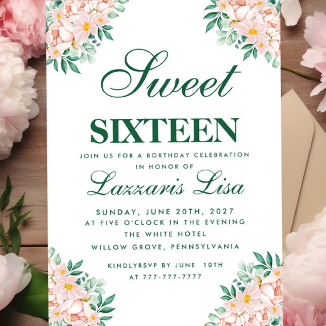 Invitación Elegantes hojas florales dulces Dieciséis cumpleañ (Subido por el creador)