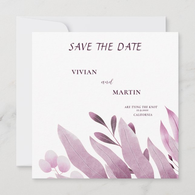Invitación Elegantes Hojas Grandes de Burdeos Save The Date (Anverso)