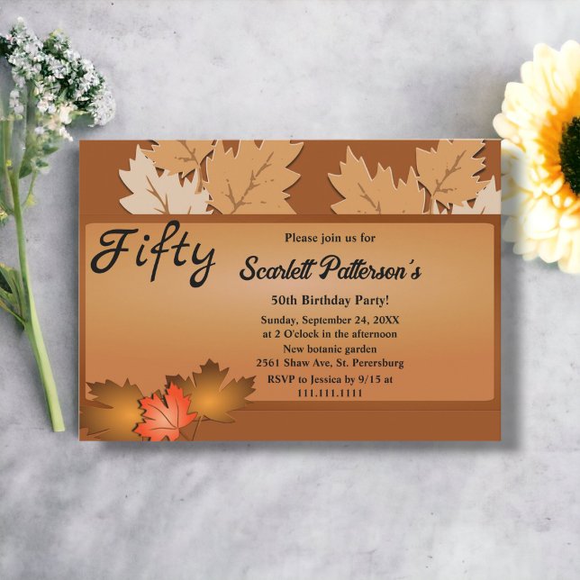 Invitación Elegantes hojas rusticas de otoño en el 50 anivers (Subido por el creador)
