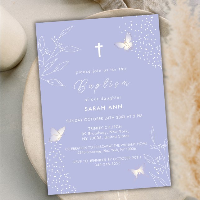 Invitación Elegantes hojas simples mariposa cruza el bautismo (Elegant Simple Leave Butterfly Cross Baptism Invitation)