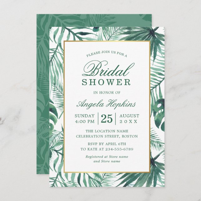 Invitación Elegantes hojas tropicales acuáticas Ducha nupcial (Anverso / Reverso)
