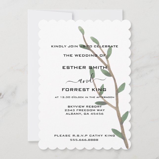 Invitación Elegantes hojas verdes disparan a Boda Minimalista (Anverso)