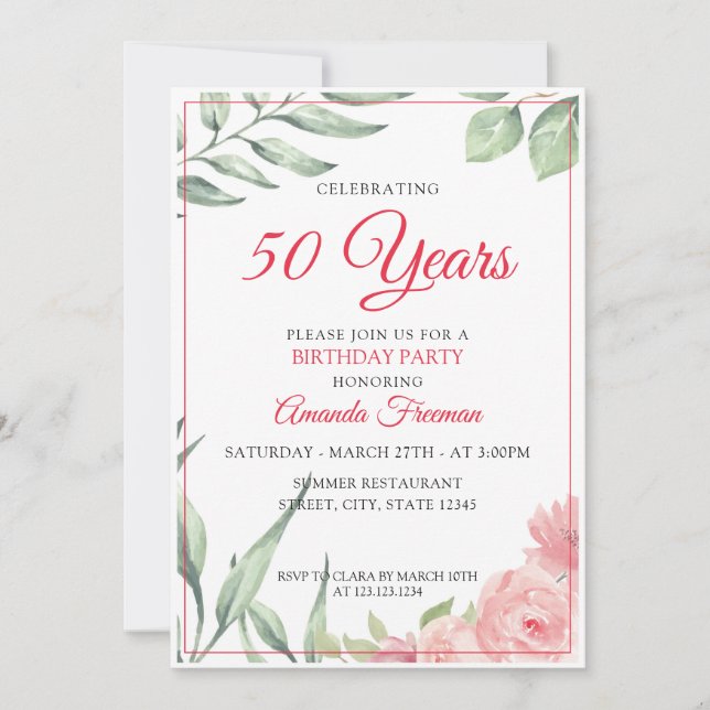 Invitación Elegantes hojas verdes y cumpleaños de mamá rosa (Anverso)