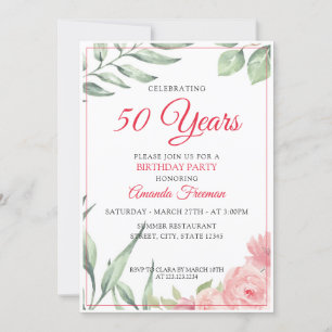 Invitación Elegantes hojas verdes y cumpleaños de mamá rosa