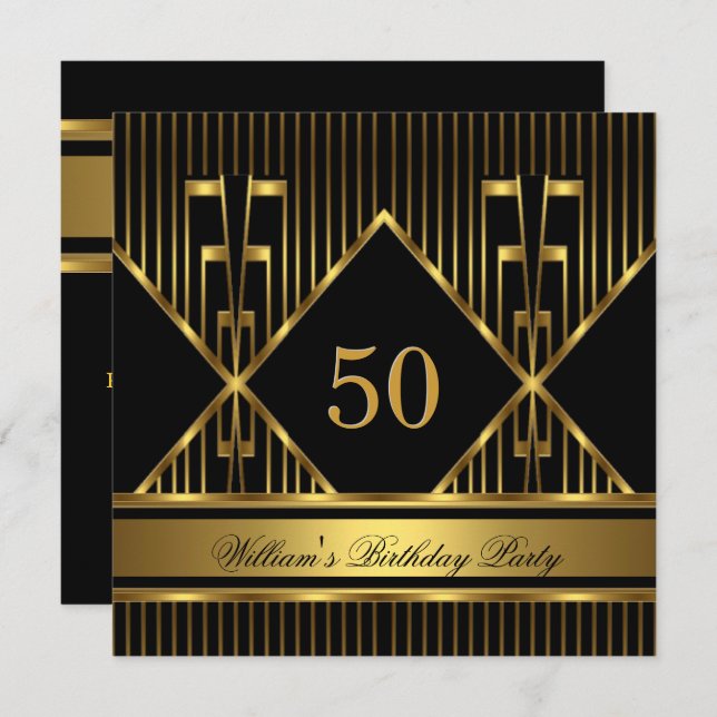 Invitación Elegantes hombres Black Gold Stripe Birday Party (Anverso / Reverso)
