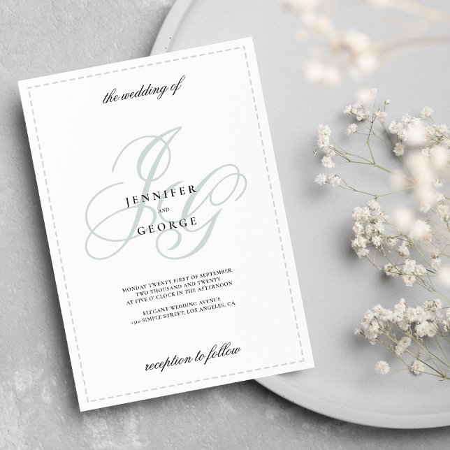 Invitación Elegantes iniciales de monograma boda blanco de me (Elegant monogram initials mint green white wedding )