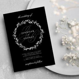 Invitación Elegantes iniciales de monograma Boda blanco negro