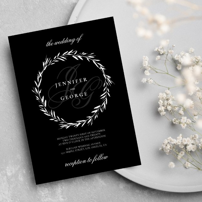 Invitación Elegantes iniciales de monograma Boda blanco negro (Elegant monogram initials black white Wedding )