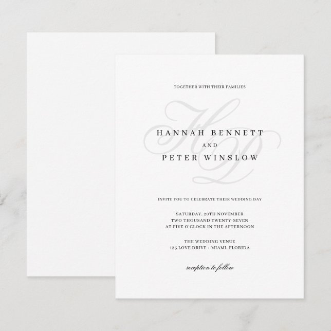 Invitación Elegantes iniciales de monograma en escritura blan (Anverso / Reverso)