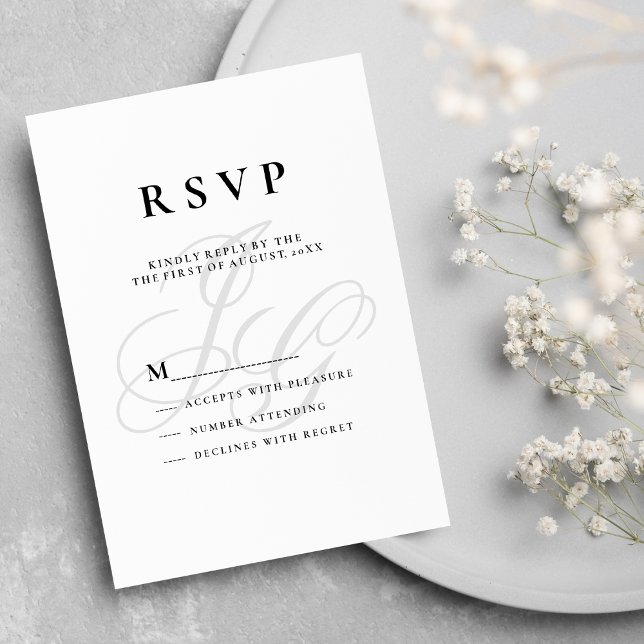 Invitación Elegantes iniciales de monograma RSVP blanco negro (Elegant monogram initials black white RSVP)
