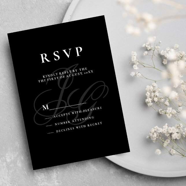 Invitación Elegantes iniciales de monograma RSVP blanco negro (Elegant monogram initials black white RSVP)