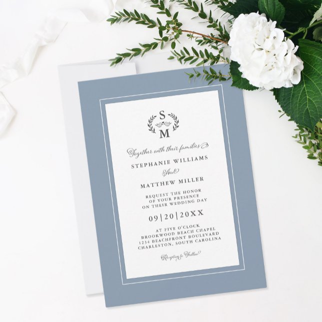 Invitación Elegantes Iniciales en Caligrafía de Azul Polvorie (Elegant Dusty Blue Initials Calligraphy Wedding Invitation)