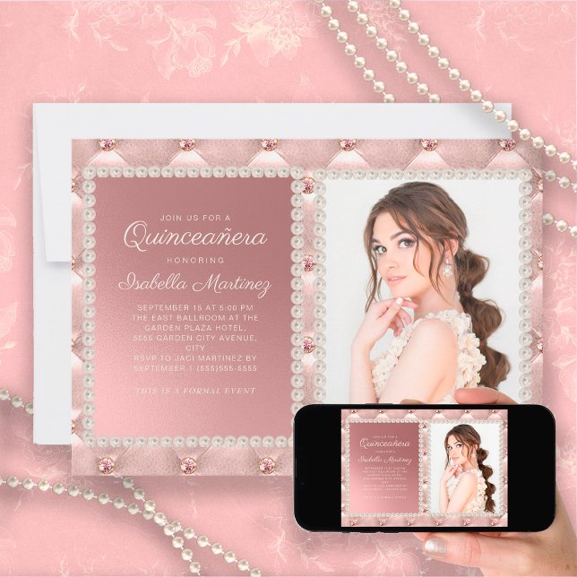 Invitación Elegantes joyas de perlas rosadas foto Quinceañera (Subido por el creador)