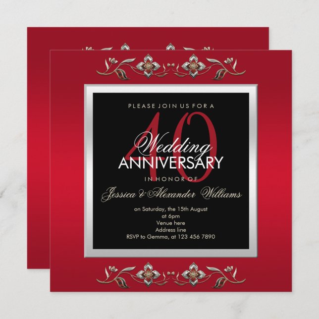 Invitación Elegantes Joyas de Rubí 40 Aniversario de Boda (Anverso / Reverso)