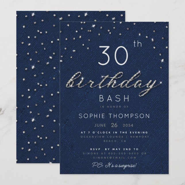 Invitación Elegantes Joyas Navy Sparkle Purpurina Fiesta de C (Anverso / Reverso)
