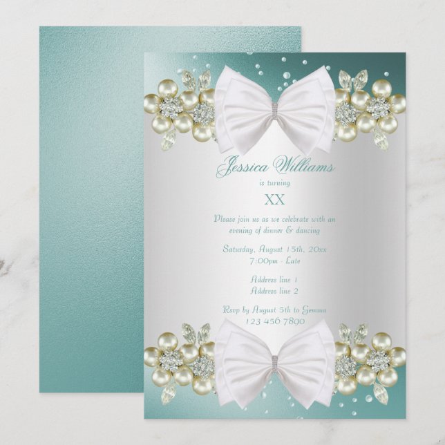 Invitación Elegantes joyas y cumpleaños Verde azulado de Bow (Anverso / Reverso)