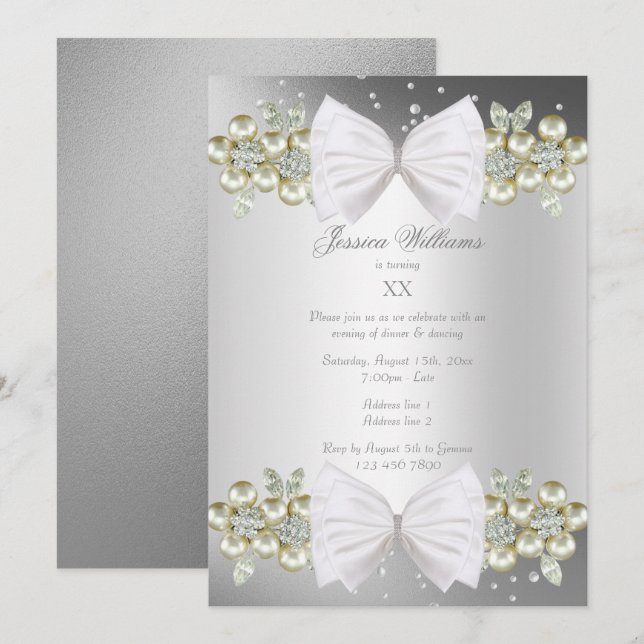 Invitación Elegantes joyas y lazo de cumpleaños de plata (Anverso / Reverso)