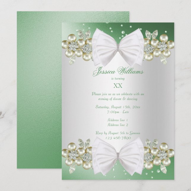 Invitación Elegantes joyas y un cumpleaños verde brillante (Anverso / Reverso)