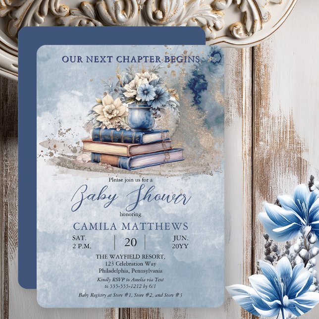 Invitación Elegantes Libros Florales Nuestro Siguiente Capítu (Rustic Vintage Look Elegance "Our Next Chapter Begins" Old Books and Florals Blue Baby Shower Invite)