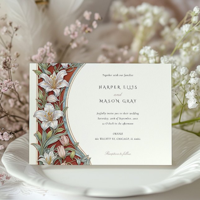 Invitación Elegantes Lilies Art Nouveau Boda Marfil Rojo (Subido por el creador)