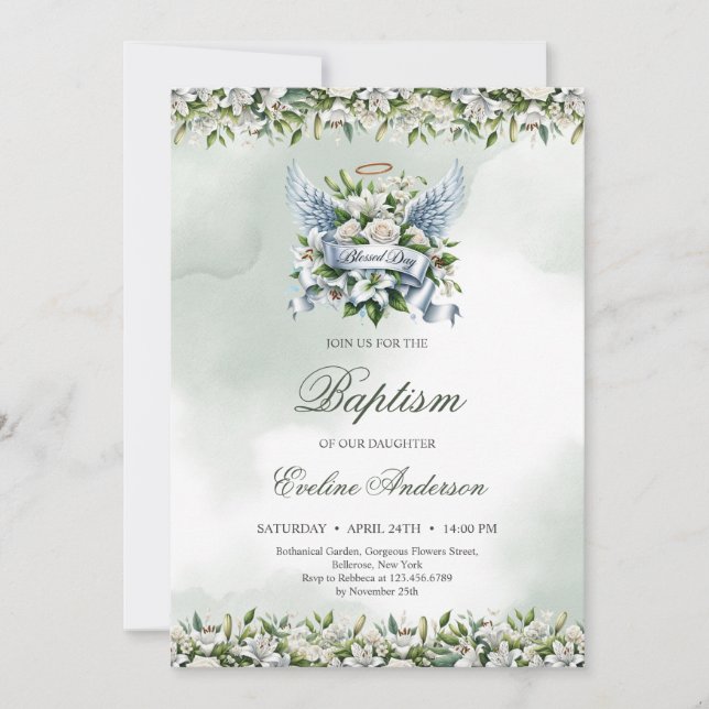 Invitación Elegantes lirios blancos y rosas Bendito bautismo  (Anverso)