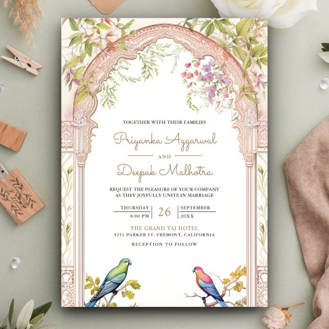 Invitación Elegantes loros florales Boda de arco indio (Subido por el creador)