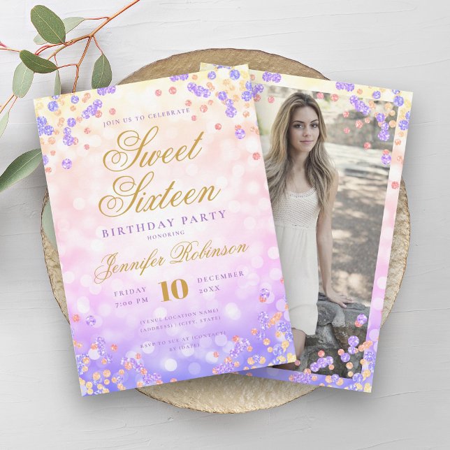 Invitación Elegantes luces arcoiris y dulces de foto de confe (Elegant Rainbow Lights & Confetti Photo Sweet 16 Invitation)