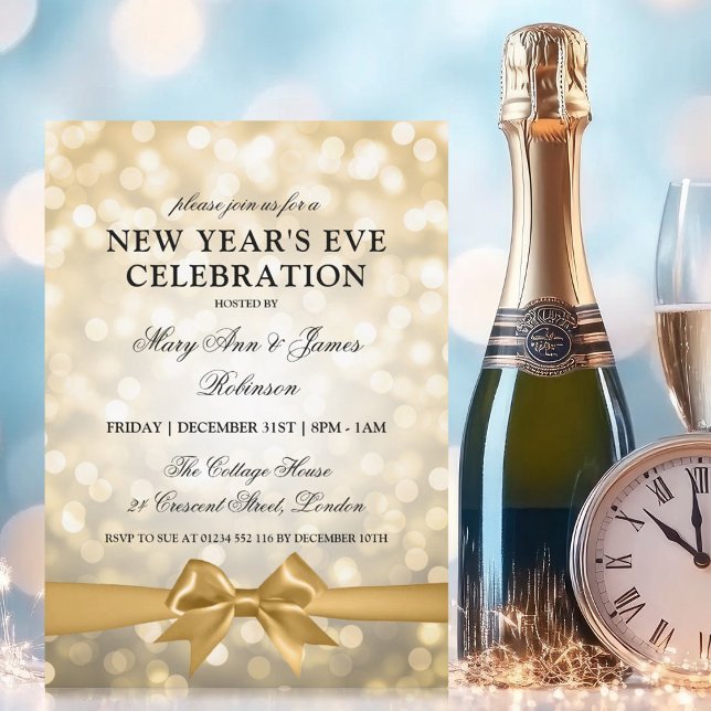 Invitación Elegantes luces de bokeh de oro de vísperas de Año (Elegant New Years Eve Gold Bokeh Lights Bow Invitation)